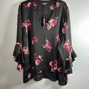 Vince Camuto Womens 2X Black Pink Floral V-Neck Ruffle Sleeve Blouse Top